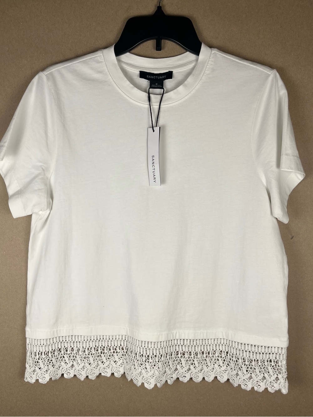 Sanctuary White Lace Crochet Hem Crop T-Shirt Top NWT Size M 100% Cotton